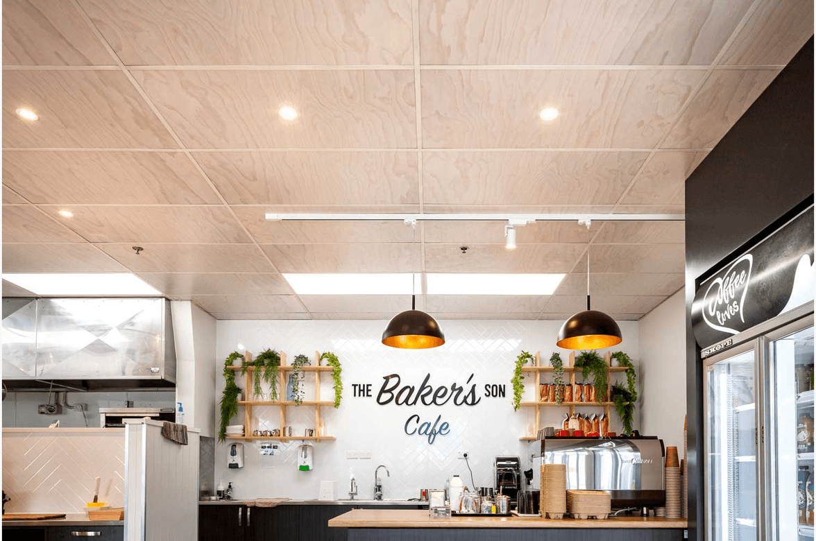 Hygienic ceiling tiles printed with a timber pattern