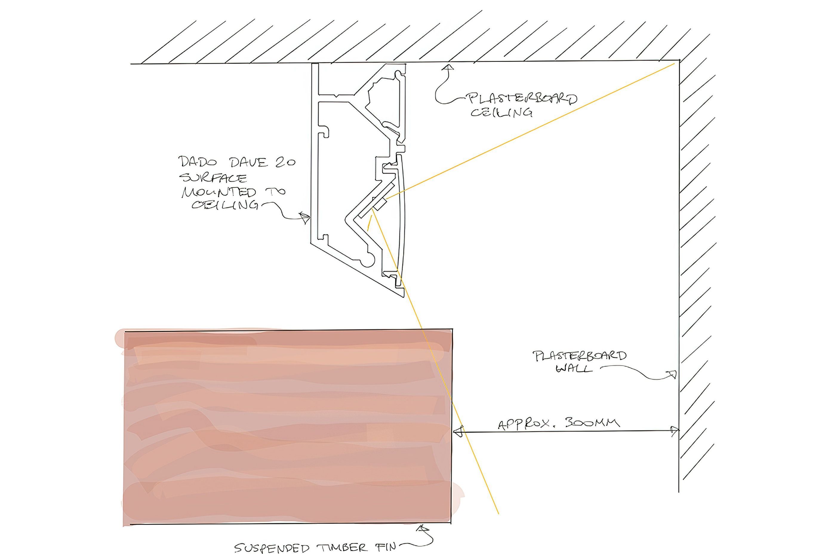 This sectional detail shows how the Dado Dave 20 was surface mounted to the slab above the timber fins. Dado Dave 20 provided a more effective wall-wash than the previously used T5 fluorescent battens (with asymmetric reflectors). This detail was repeated throughout many of the Vodafone stores throughout New Zealand.