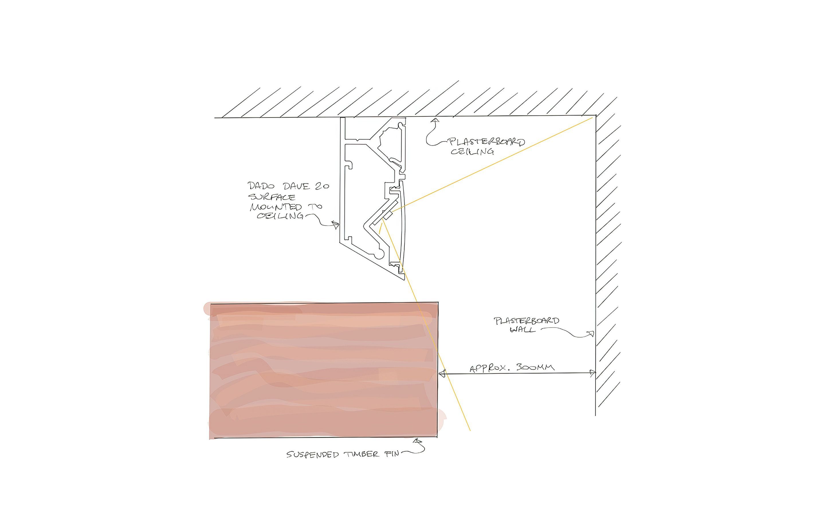 This sectional detail shows how the Dado Dave 20 was surface mounted to the slab above the timber fins. Dado Dave 20 provided a more effective wall-wash than the previously used T5 fluorescent battens (with asymmetric reflectors). This detail was repeated throughout many of the Vodafone stores throughout New Zealand.