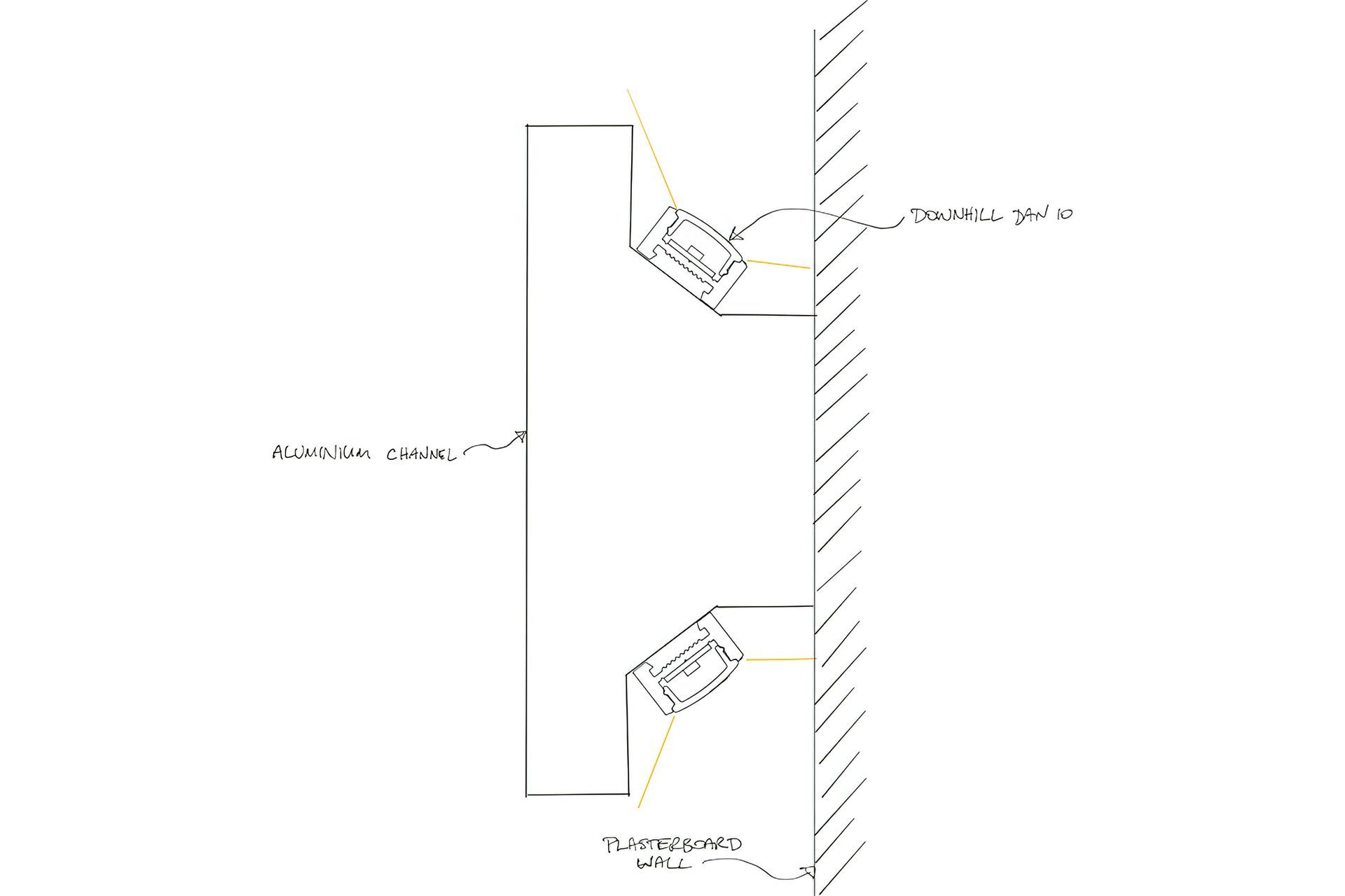 This sectional detail shows how two Downhill Dan 10s were used to illuminate the walls above and below the aluminium joinery rail that ran the perimeter of the store. The Downhill Dan 10 profiles were attached to the dado rail via a double-sided VHB tape.