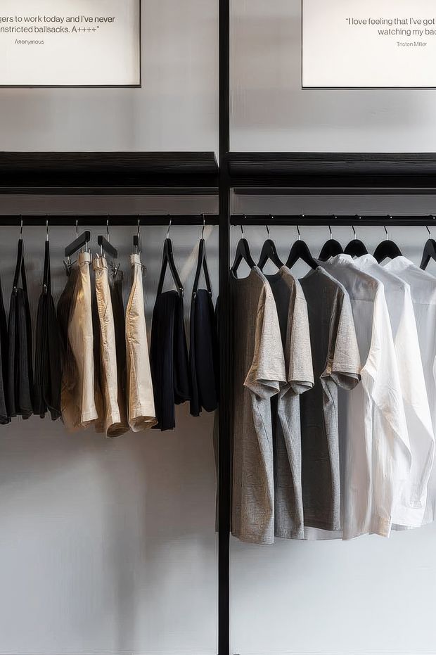 A close-up view of an open built-in wardrobe or walk-in closet, with black hanging rails and cabinetry framing neatly arranged neutral-toned clothing. White framed quote prints are mounted above the storage. The space has a restrained monochrome palette and strong vertical and horizontal joinery lines.