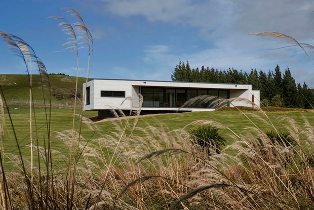 A low, minimalist contemporary house set within a rural grassy landscape. The single-storey rectangular building has a flat roof, pale concrete or rendered walls, dark-framed horizontal glazing, and a recessed covered terrace or entry running along the front. Tall ornamental grasses dominate the foreground, with rolling green hills and trees behind.