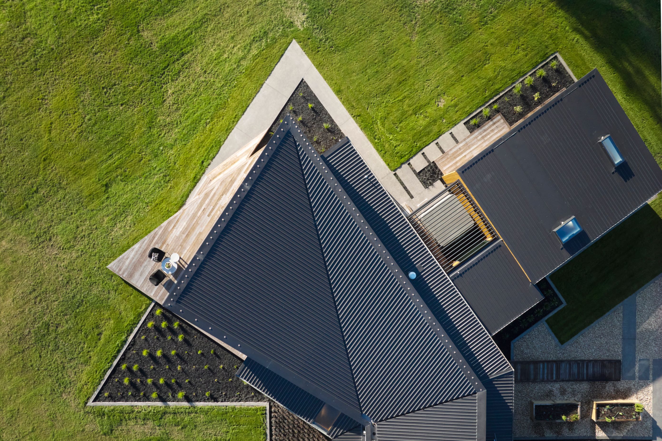 The angular form of the building is evident from above.
