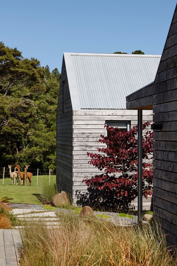 Exterior architectural photograph of a group of contemporary timber-clad buildings in a rural, landscaped setting. The central structure has a steep simple gable roof clad in corrugated metal and horizontal weatherboard-style timber walls, while a darker timber-clad building frames the right side. Gravel and concrete stepping paths, ornamental grasses, rocks, and a fenced grassy area with deer are visible around the buildings.