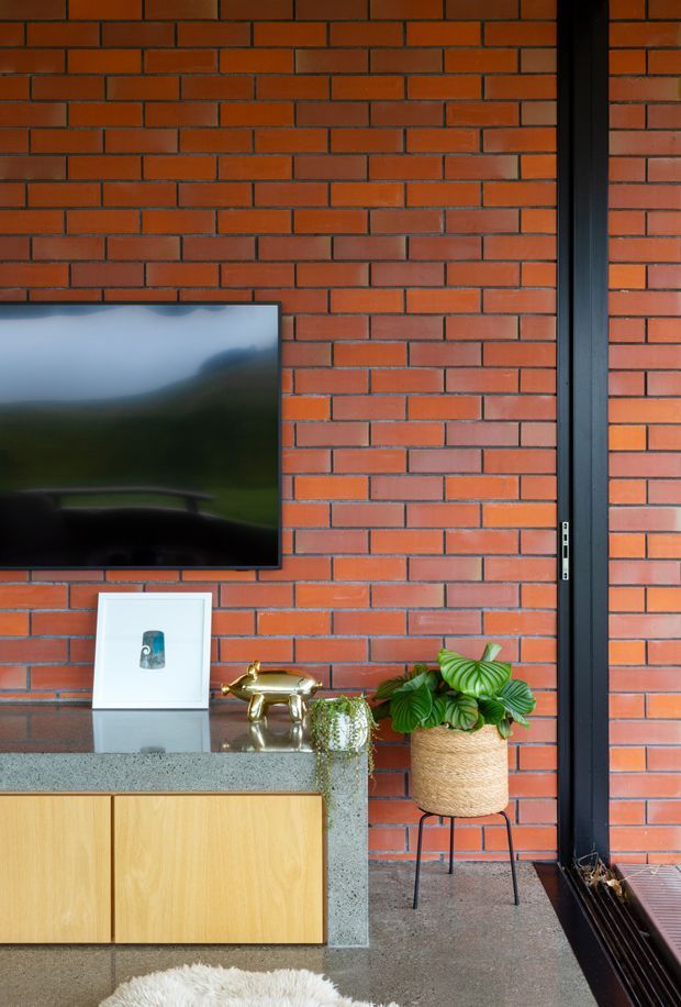 Interior detail of a contemporary living room featuring an exposed red brick feature wall, wall-mounted television, and a low timber media cabinet with a grey stone benchtop. Decorative artwork, a brass animal sculpture, and potted plants add warmth. A dark framed glazed opening or door is visible at right, with polished concrete flooring and a partial rug in the foreground.