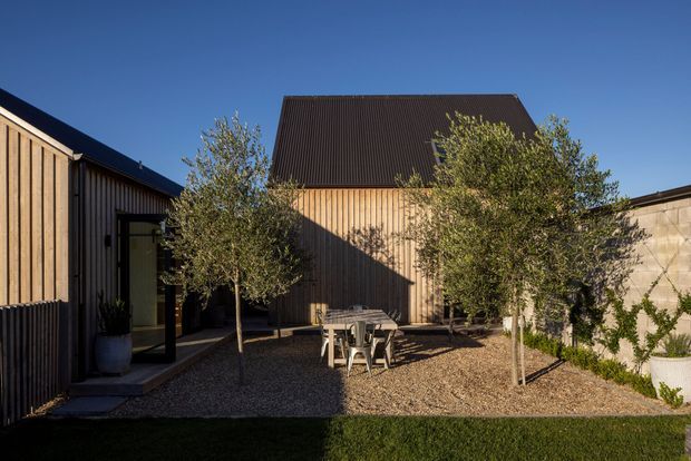 Exterior architectural view of a landscaped courtyard between timber-clad structures. The courtyard has gravel paving, young trees, a simple outdoor dining table and chairs, and a concrete masonry wall with climbing greenery. Dark pitched corrugated roofing and vertical timber cladding create a restrained contemporary composition.