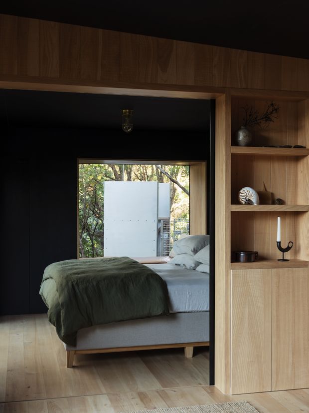 A moody bedroom viewed through a wide timber-framed opening, with a low upholstered bed dressed in pale bedding and a dark olive-green throw. The room has a black feature wall, warm timber flooring, and integrated timber cabinetry with open display shelves along the right side. A large window brings in views of leafy vegetation, creating a refined, natural atmosphere.