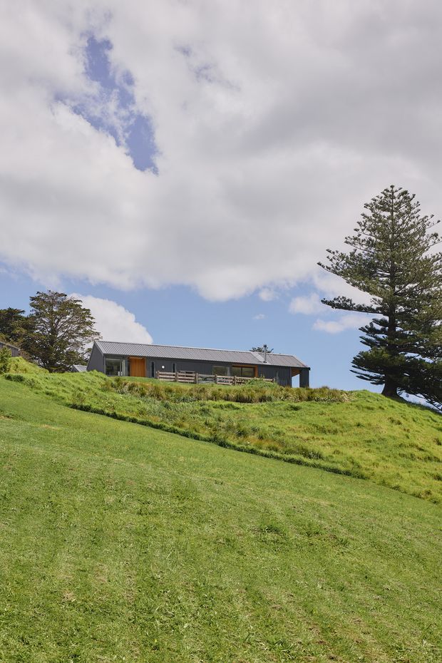 A low, single-storey contemporary house sits on a broad sloping grassy site beneath a cloudy blue sky. The building has dark grey horizontal cladding, a simple corrugated pitched roof, extensive glazing, a timber-toned entry door, and a covered outdoor deck or veranda with railings. Mature coniferous trees frame the house.