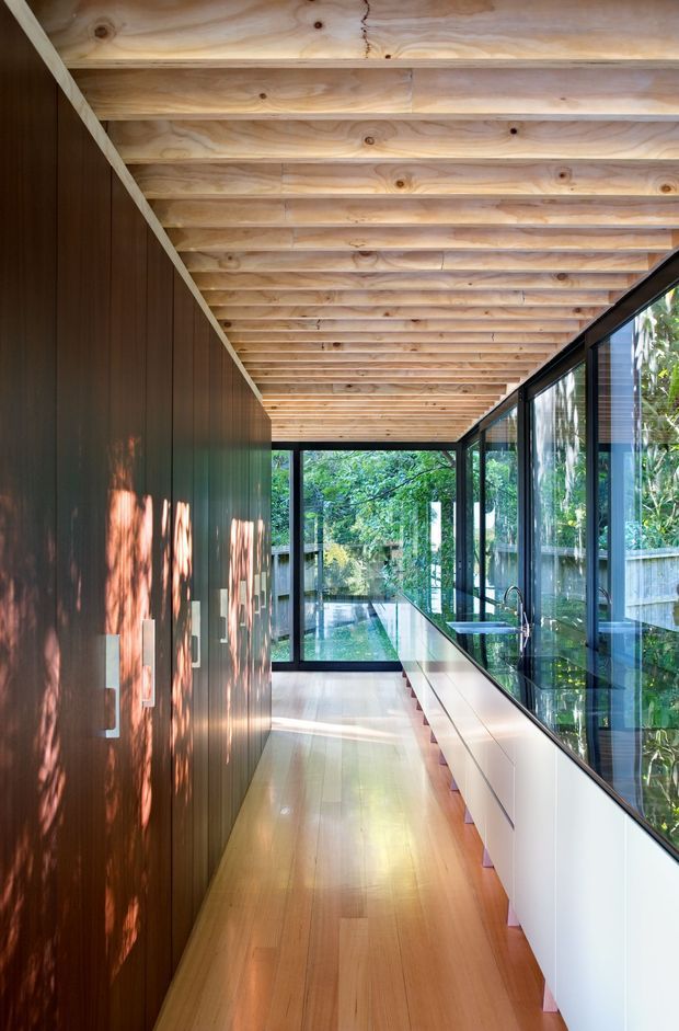 A long, narrow contemporary interior corridor or open-plan circulation space with warm timber flooring, a dramatic exposed timber-beam ceiling, dark vertical timber wall panelling with flush storage doors, and a long white built-in cabinet beneath full-height black-framed glazing. The glazing overlooks dense greenery and creates a bright, nature-connected atmosphere. A glazed doorway and reflective surfaces extend the view toward the rear of the home.