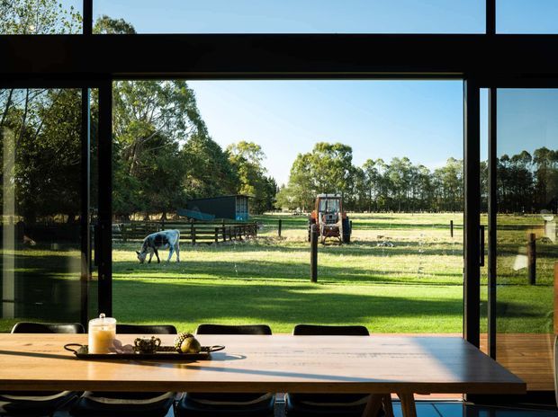 A contemporary dining area viewed from inside, centred on a long timber dining table with dark chairs. Floor-to-ceiling black-framed glazing opens the view toward a spacious rural paddock, fencing, trees, and farm equipment outside. The room is bright and strongly connected to the landscape.