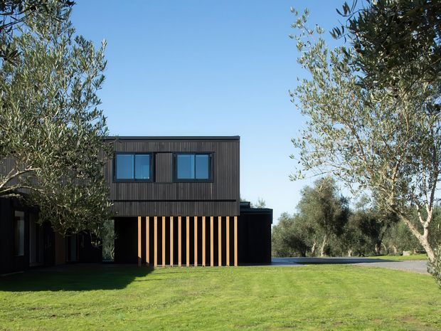A modern, compact two-storey building set within a landscaped lawn and olive grove. The dark vertical-clad upper level has large blue-tinted windows, while the lower level features a striking rhythm of warm timber slats and dark walls. The structure has a simple flat roof and a strong rectilinear form, surrounded by mature trees and open grass.