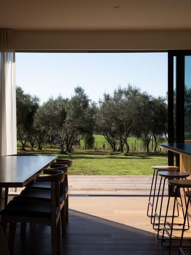 A contemporary open-plan dining and entertaining area opens through expansive floor-to-ceiling glazing onto a timber deck and landscaped rural garden with olive trees. A long dark dining table with black chairs occupies the left side, while a bar counter with stools is on the right. Warm timber decking, dark window frames, minimal furnishings, and strong indoor-outdoor connection define the space.
