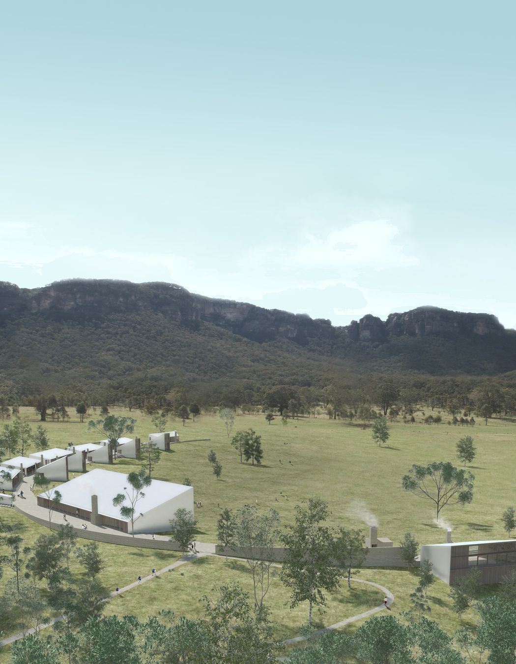 Aerial perspective of the full campus.