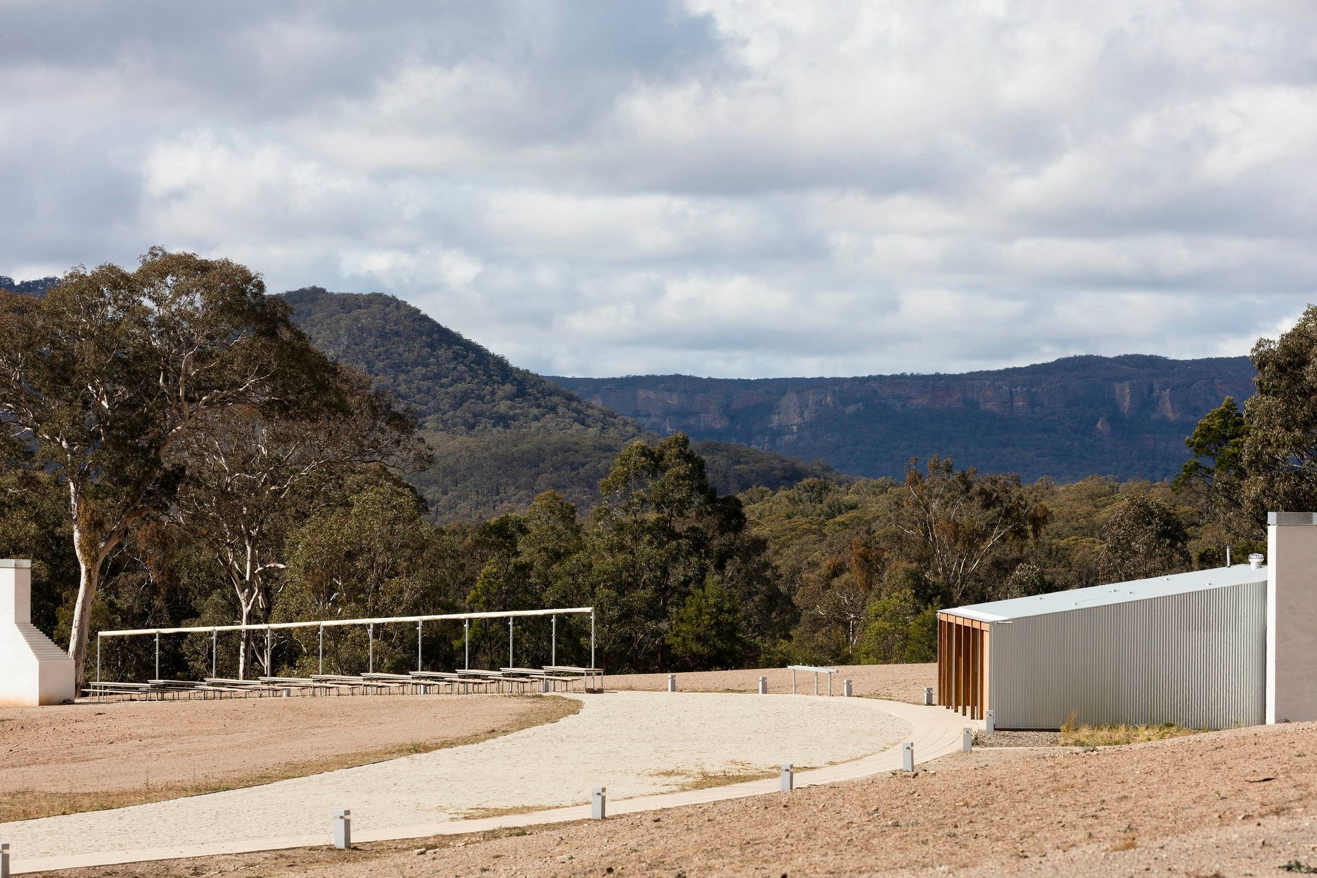Looking east towards Donkey Mountain - pizza oven, long table and kitchen.