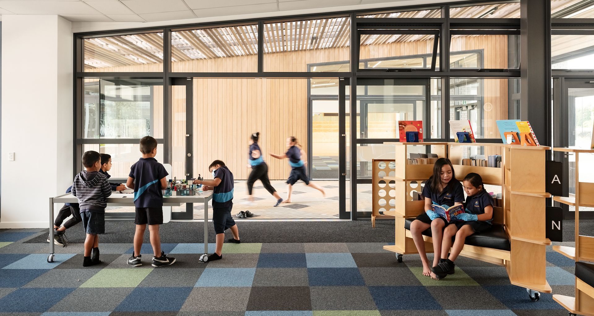 Mangapikopiko Primary School, by JASMAX, using 100% recycled nylon carpet tiles - Millennium Nxtgen by modulyss, from Heritage Carpets in NZ