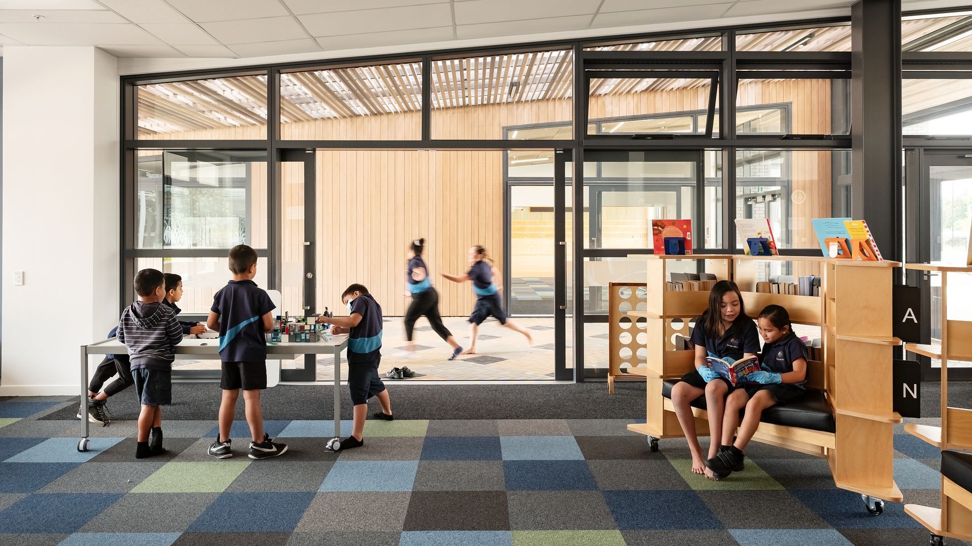 Mangapikopiko Primary School, by JASMAX, using 100% recycled nylon carpet tiles - Millennium Nxtgen by modulyss, from Heritage Carpets in NZ