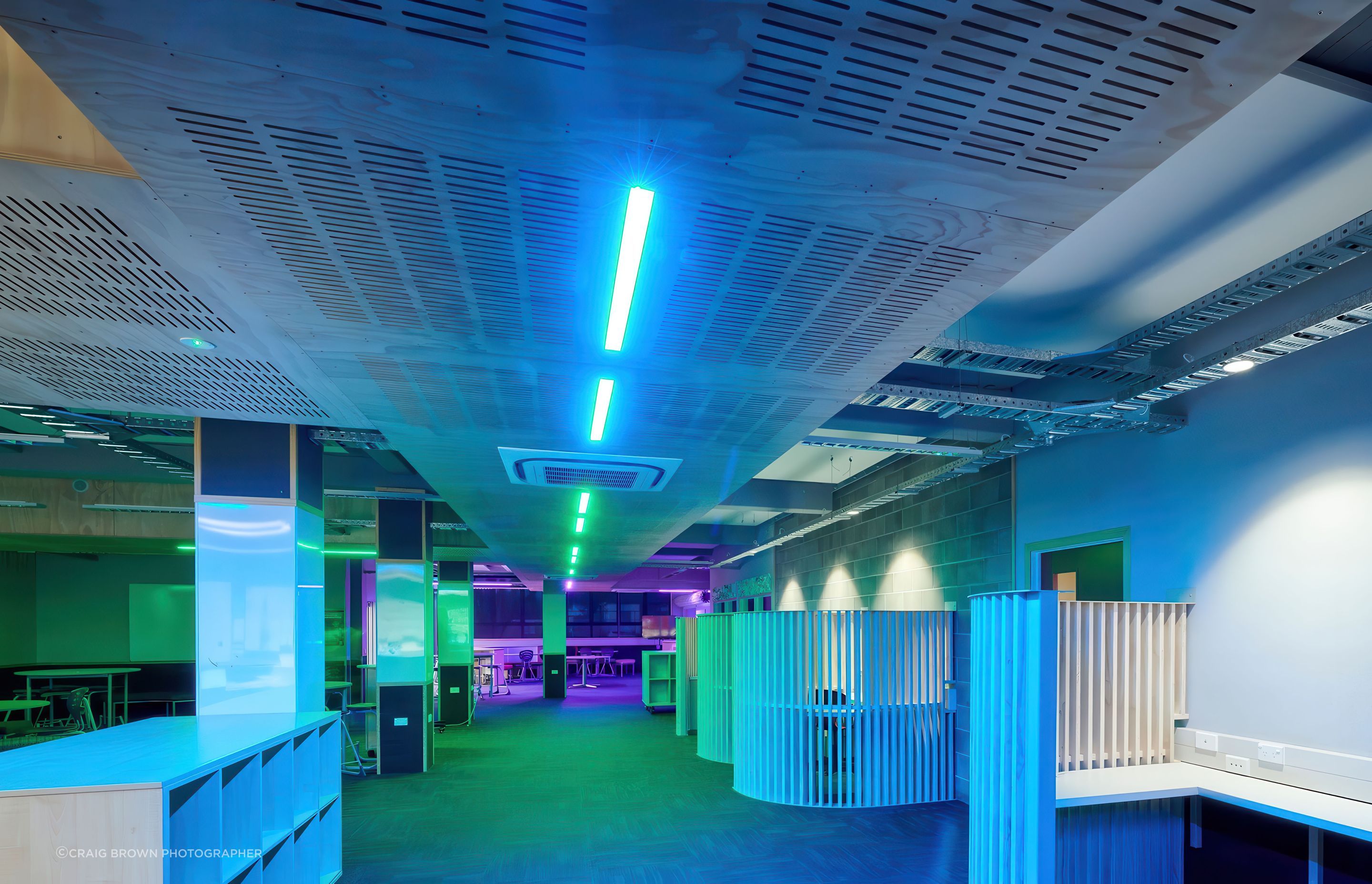 Call to Space - Sections within the space are colour coded in Blue, Green and Violet to direct students to the correct zone for their scheduled learning.