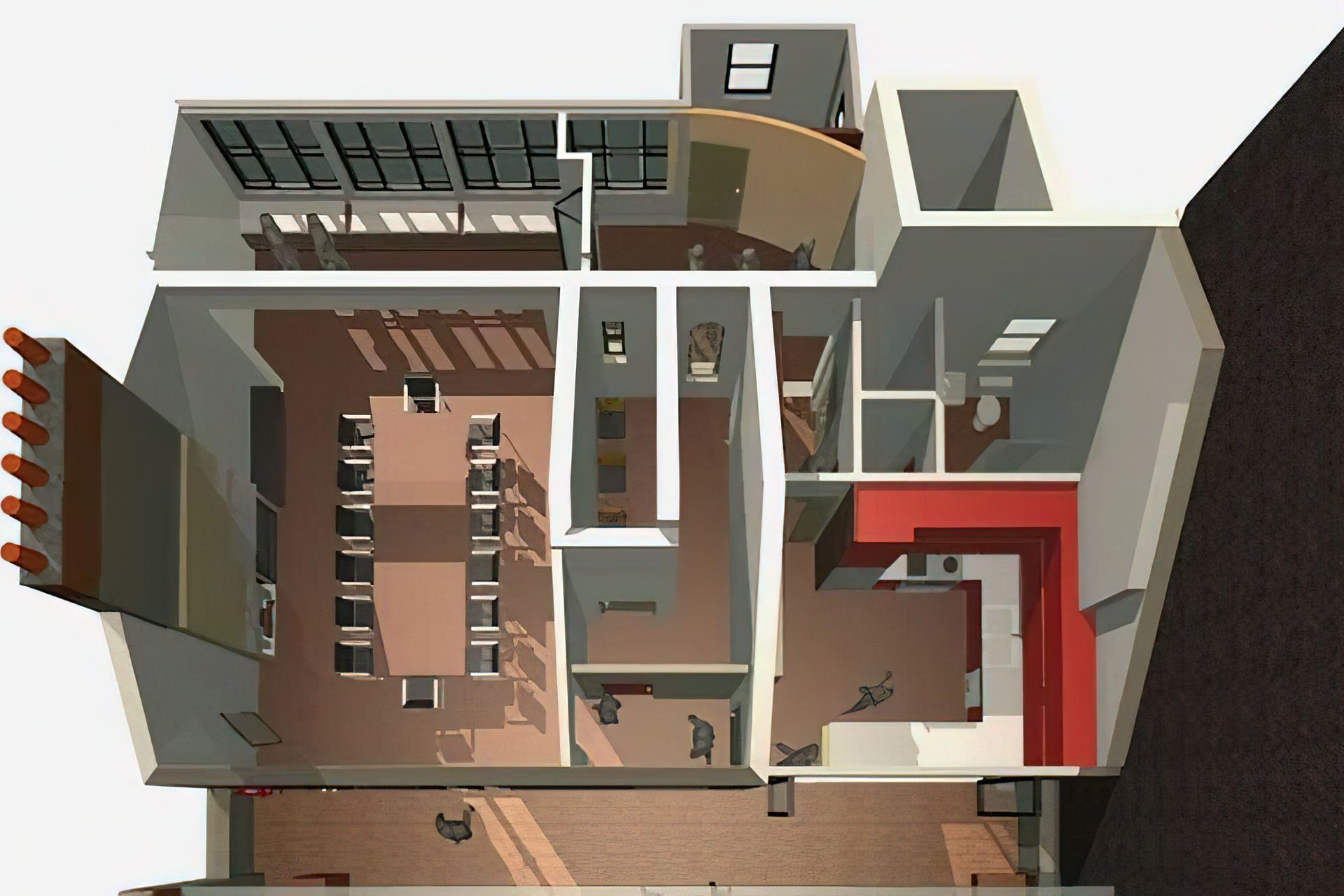 Cutaway planning of the upper floor entertainment and educational hub