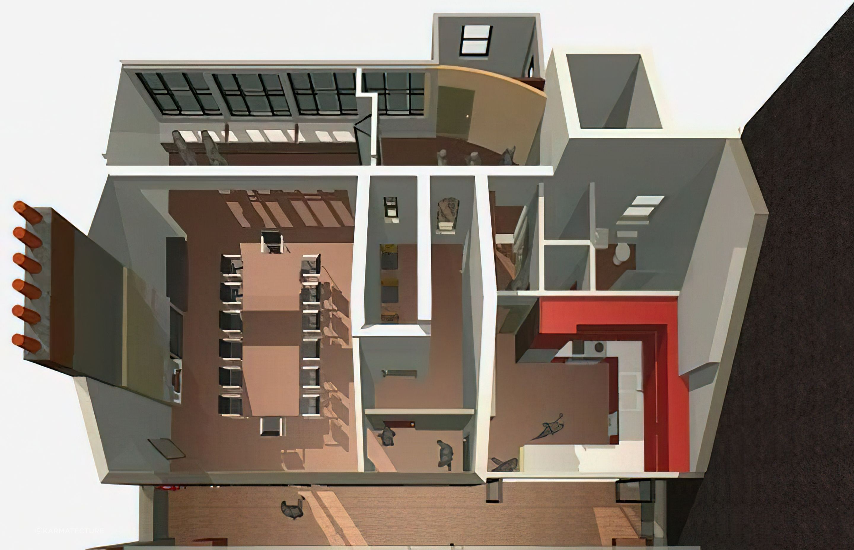 Cutaway planning of the upper floor entertainment and educational hub