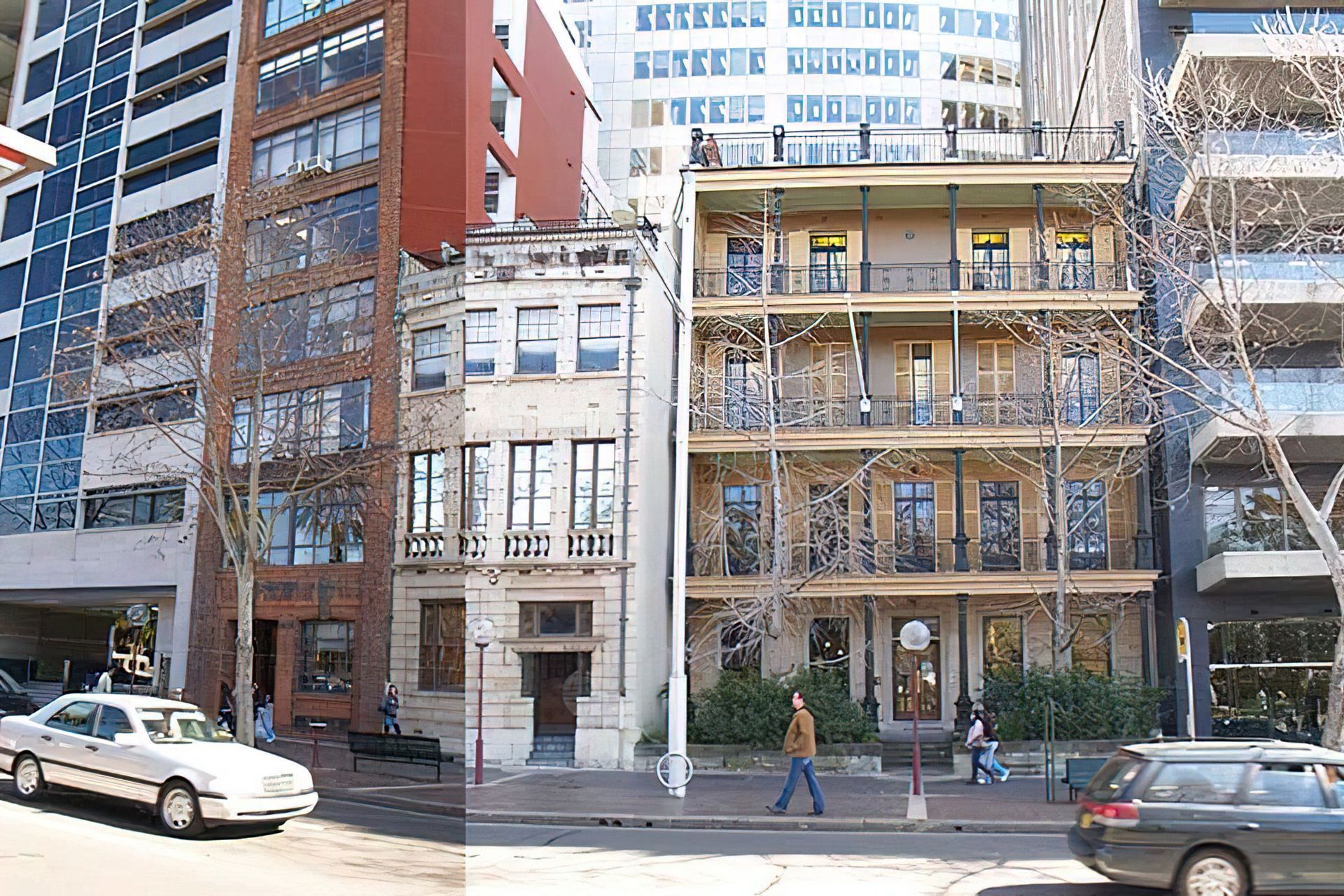 Main Fairfax Cottage is largely intact with upper floor additions. Cream and red buildings to the south are also modified original terraces by Colonial Architect John Verge