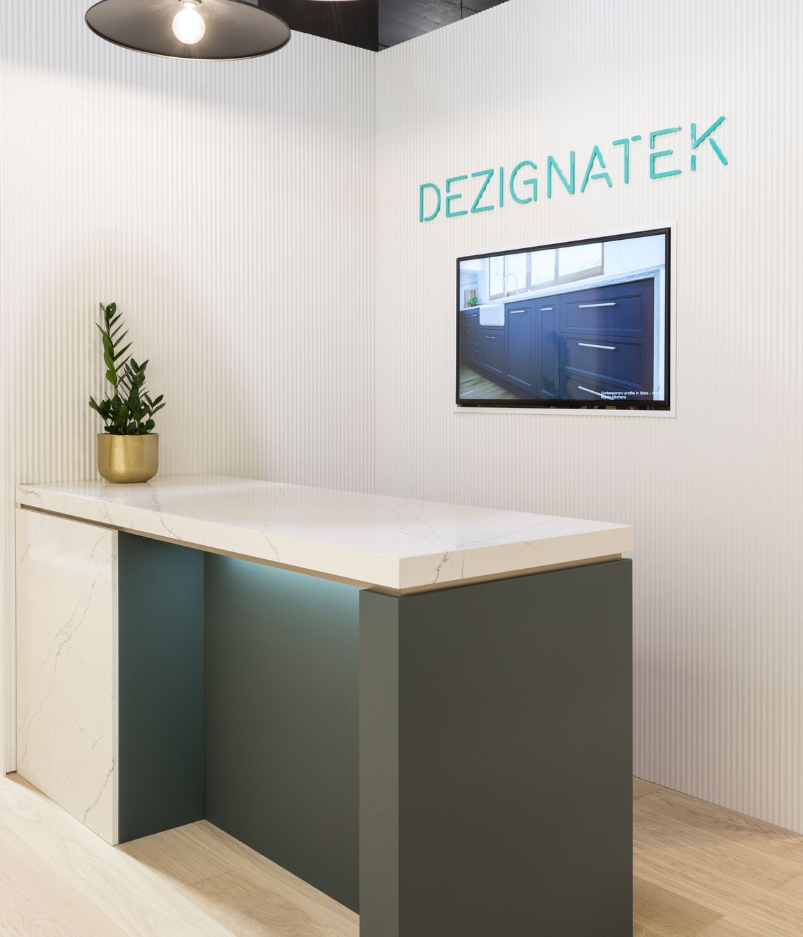 Kombu Green - Matt on a boxed end. Benchtop: Prime Stone in Finelli - Polished. Dezignatek Showroom, Home Ideas Centre Auckland