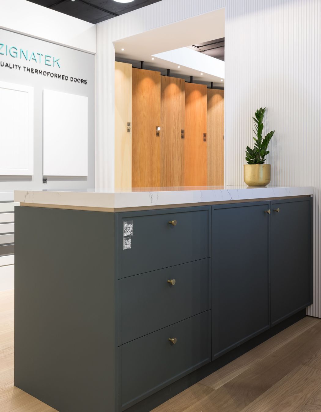 Berlin profile in Kombu Green - Matt. Benchtop: Prime Stone in Finelli - Polished. Dezignatek Showroom, Home Ideas Centre Auckland