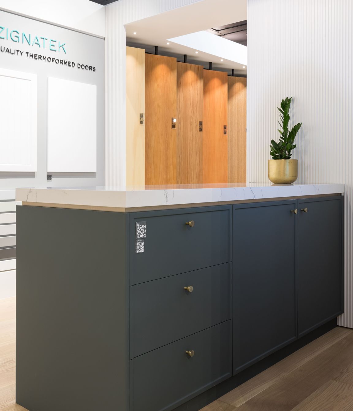 Berlin profile in Kombu Green - Matt. Benchtop: Prime Stone in Finelli - Polished. Dezignatek Showroom, Home Ideas Centre Auckland