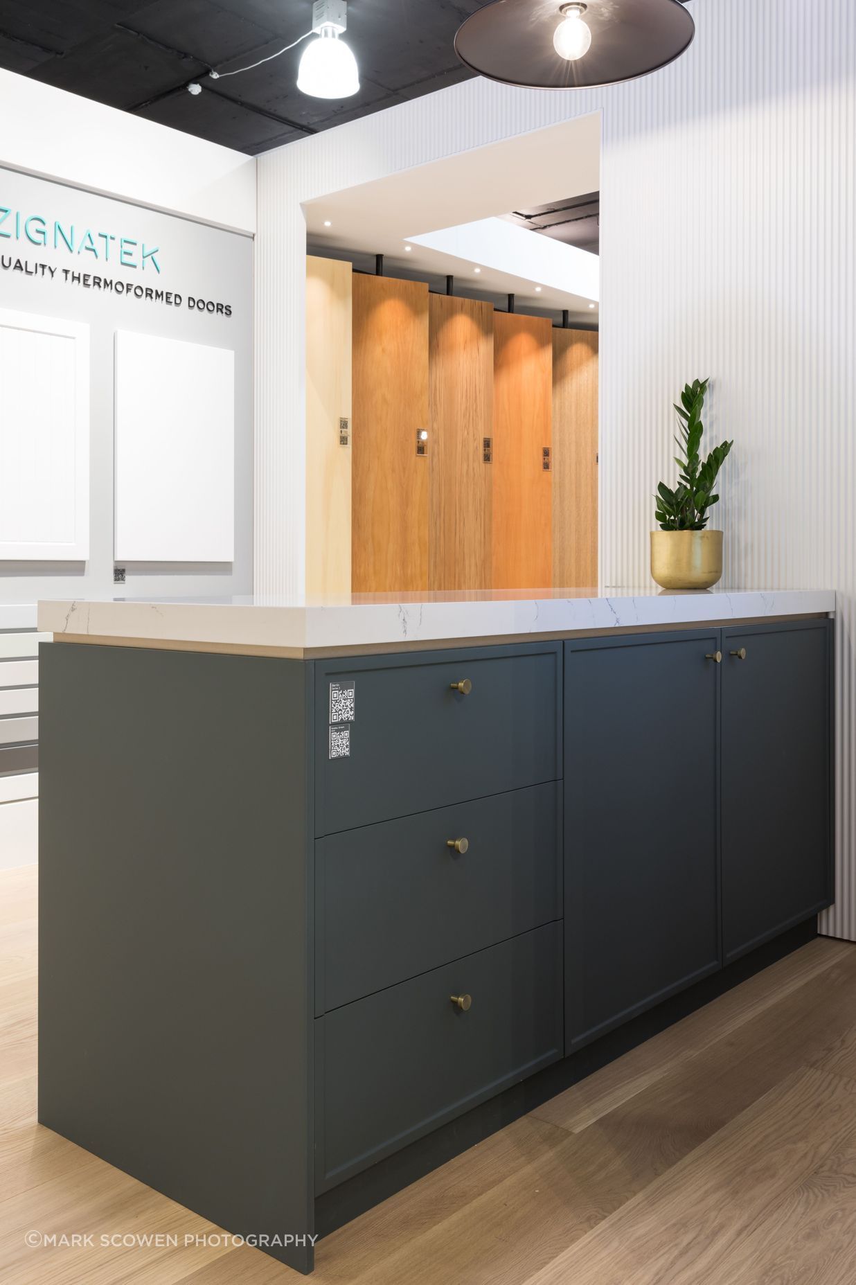 Berlin profile in Kombu Green - Matt. Benchtop: Prime Stone in Finelli - Polished. Dezignatek Showroom, Home Ideas Centre Auckland