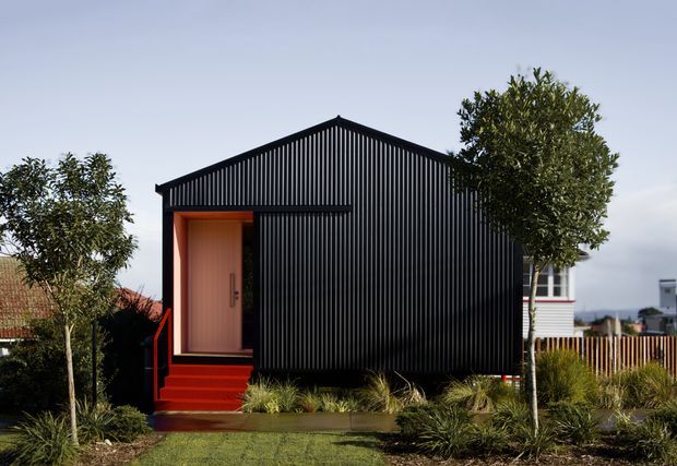 A compact, single-storey modern dwelling viewed from the front, with a steep gabled form clad in dark vertical ribbed metal or timber-like siding. A recessed entry features a warm timber door, bright red-orange stairs and handrail, and landscaped planting along the facade. Neighbouring homes and trees are visible around the property.