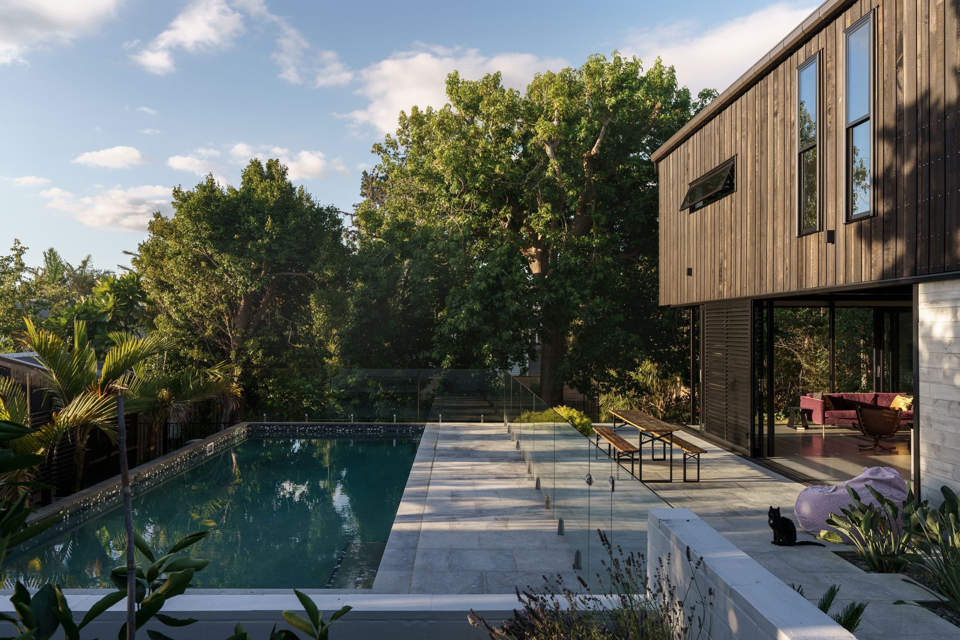 A large site means room for a pool. Landscape is also important and we designed around several existing mature trees, says Clive. “We have an arborist check all our trees on a regular basis, you have to when you get really big mature trees.”