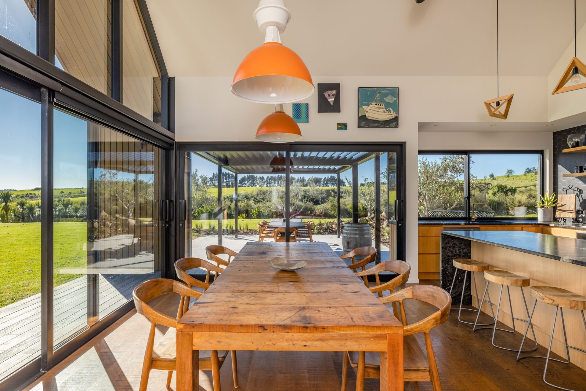 The home has been set up for easy entertaining with indoor spaces running seamlessly into outdoor spaces.