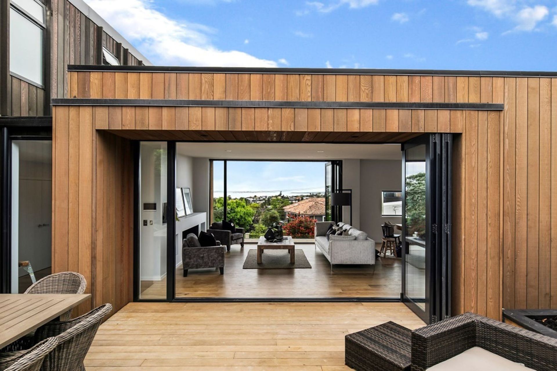 Thanks to the through-and-through nature of the open-plan living area, the north-facing views are accessible from the rear deck.