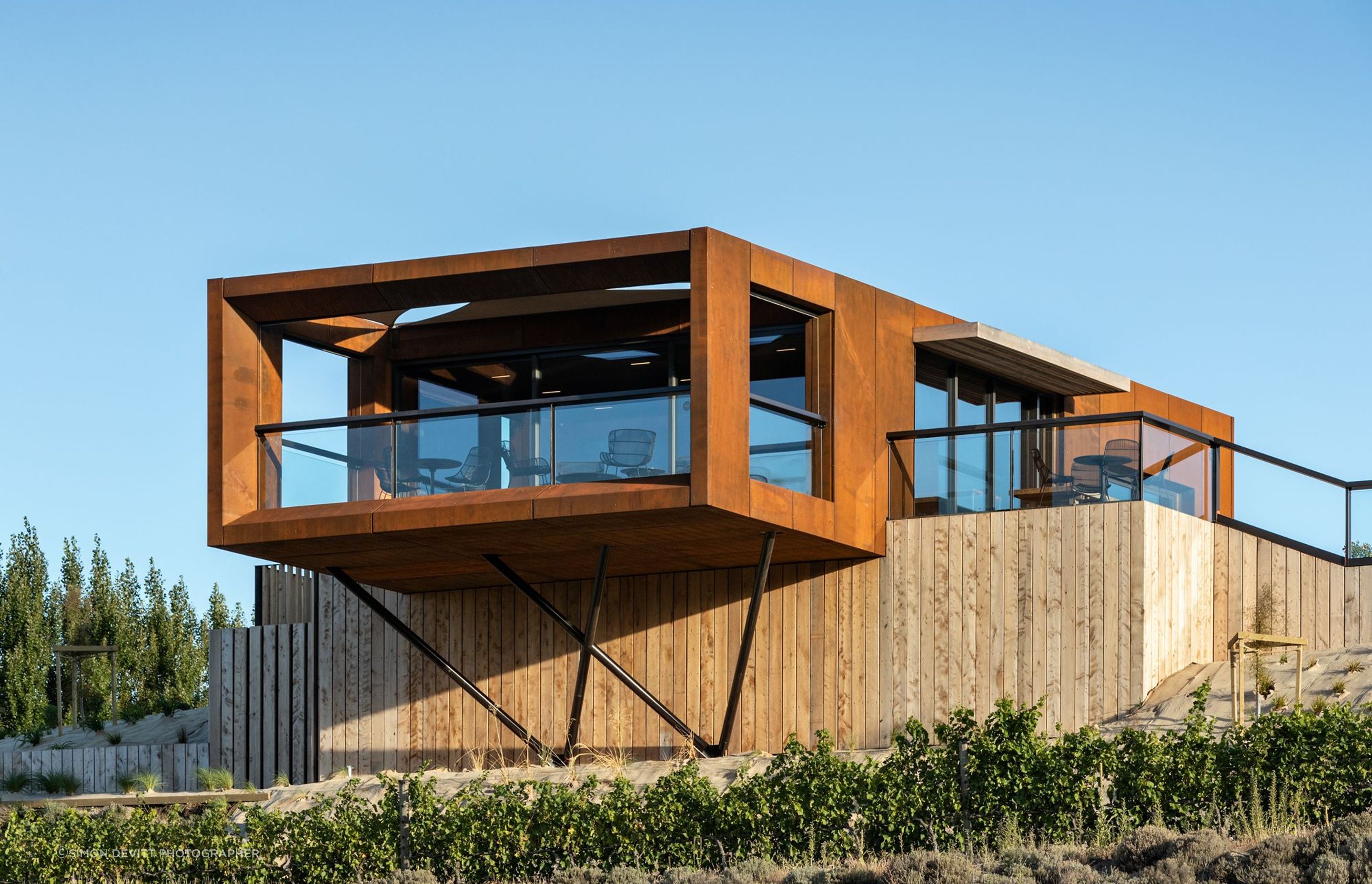 The eye-catching Te Kano Estate cellar door in Bannockburn by Hamish Muir and Matthew Barbour of Mason & Wales Architects is a deceptively small and crafted design. “It's like a treasure box,” says Hamish.