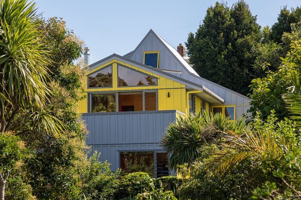 A distinctive residential house viewed from the garden, largely concealed by lush subtropical planting. The two-storey facade combines pale grey vertical cladding with a bright yellow glazed upper-level living area, dark-framed windows, and steep gabled roof forms. The composition highlights the colourful exterior, angular roofline, and integration with dense landscaping.