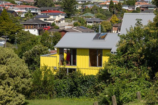 Exterior view of a compact bright yellow corrugated-clad house set among dense greenery in a hilly suburban neighbourhood. The single-storey structure has a simple grey pitched metal roof with a roof skylight, large glazed openings, and a small covered entry or deck. Numerous surrounding residential buildings are visible in the background.