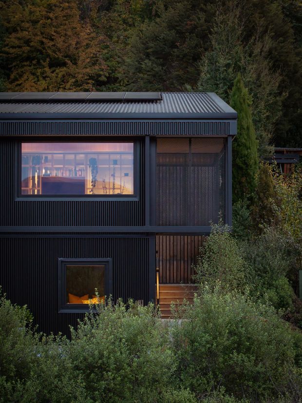 A dark, modern two-storey house nestled into dense woodland. The facade is clad in vertically ribbed dark metal or profiled material, with large framed glazing, screened upper-level openings, timber-toned entry elements, and a shallow corrugated metal roof. Dense shrubs and mature trees surround the building, creating a secluded forest setting. Warm interior lighting contrasts with the moody exterior.