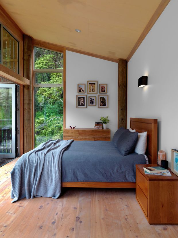 A warm, timber-lined bedroom with a low-profile wooden bed, blue bedding, matching timber bedside furniture and dresser, framed artwork, and a small plant. Floor-to-ceiling glazing and tall windows open to leafy greenery, while a black wall sconce provides focused lighting. The room has a calm, natural, contemporary feel with a timber ceiling, exposed timber posts, and timber flooring.