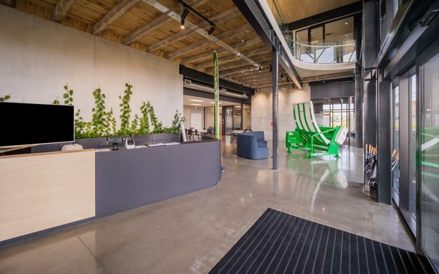 A spacious contemporary commercial reception and lobby area with an open-plan industrial character. The space features a polished concrete floor, exposed timber ceiling structure, dark steel beams and framing, full-height glazing, a large reception desk, indoor planting, and a bright green sculptural lounge chair. An upper-level mezzanine or balcony is visible at the rear.