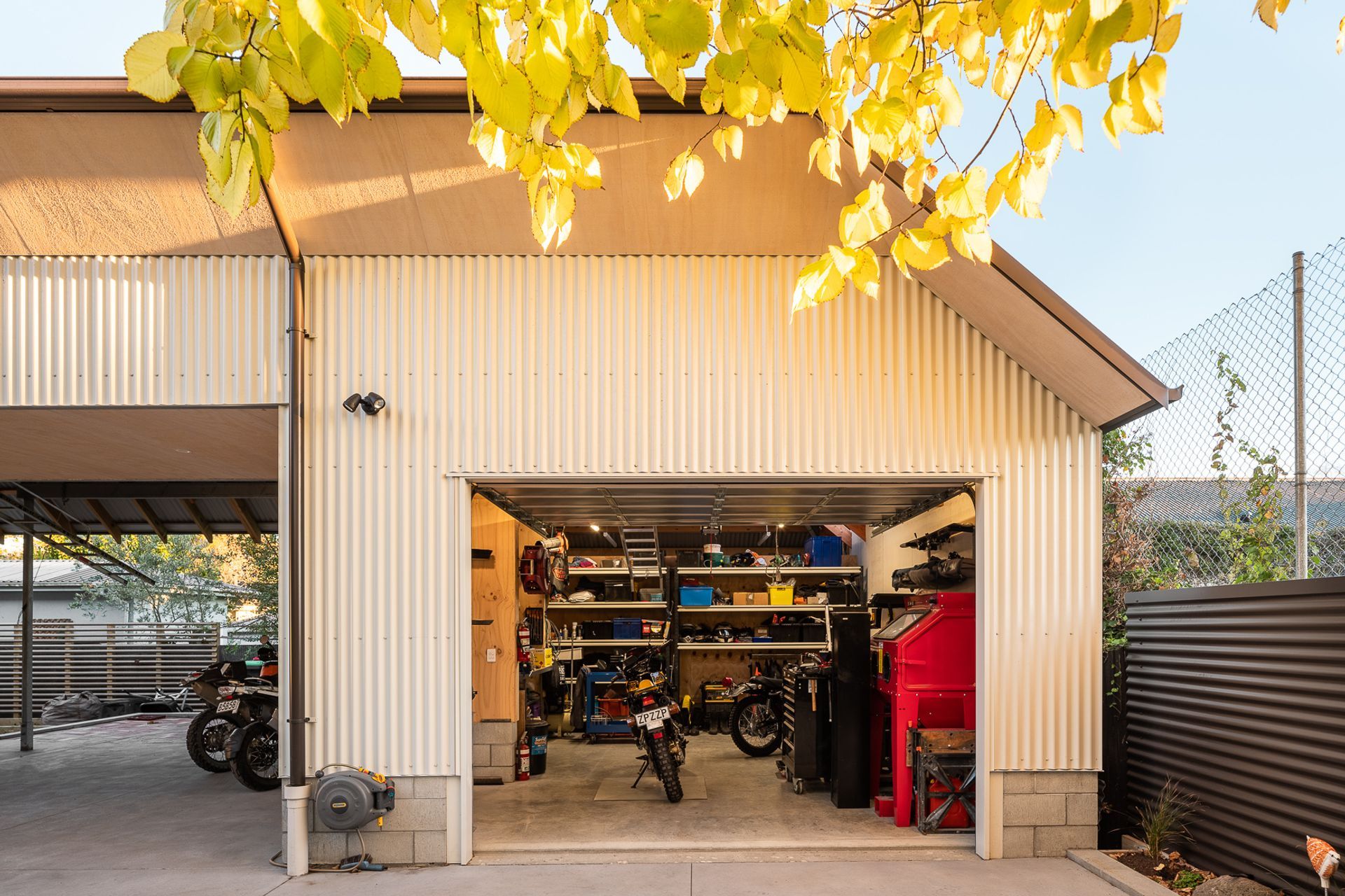The motorcycle workshop at the back of the house.