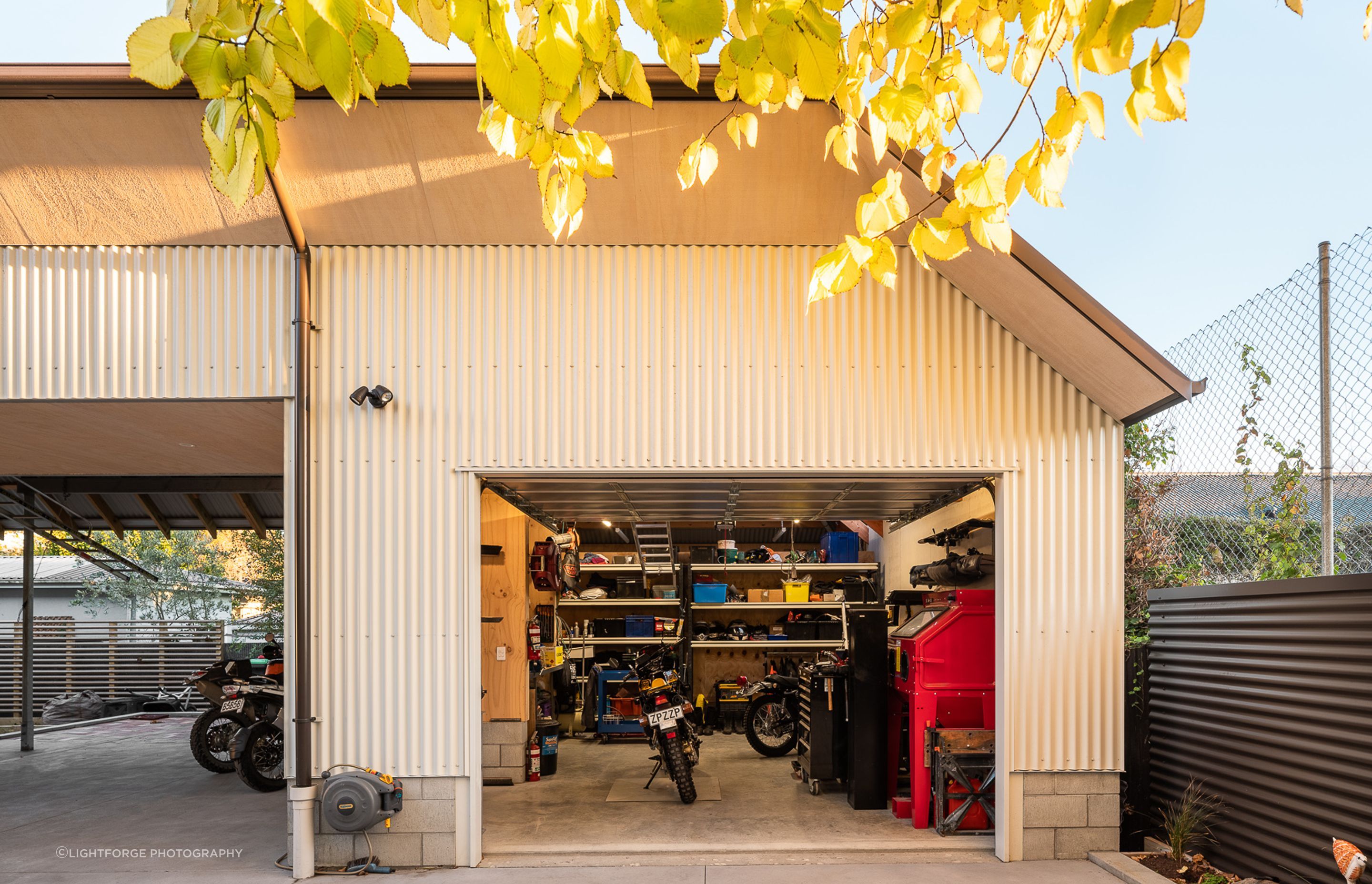The motorcycle workshop at the back of the house.