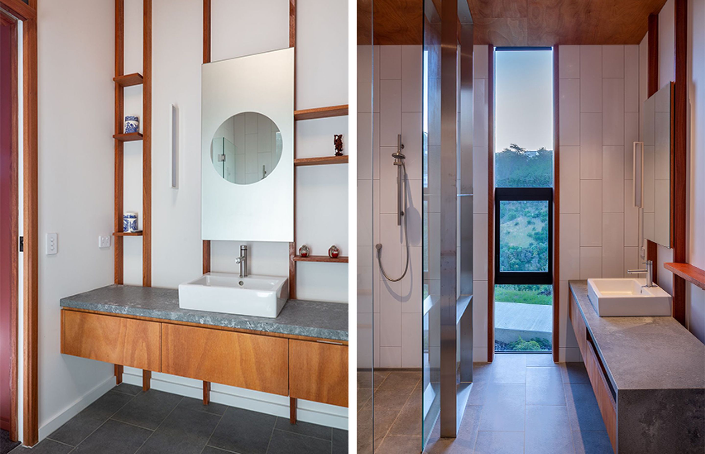 In accordance with the homeowners' love of Asian art and style, the bathrooms exhibit a very modern Japanese aesthetic, featuring wood and stone with a neutral backdrop and ample natural light.