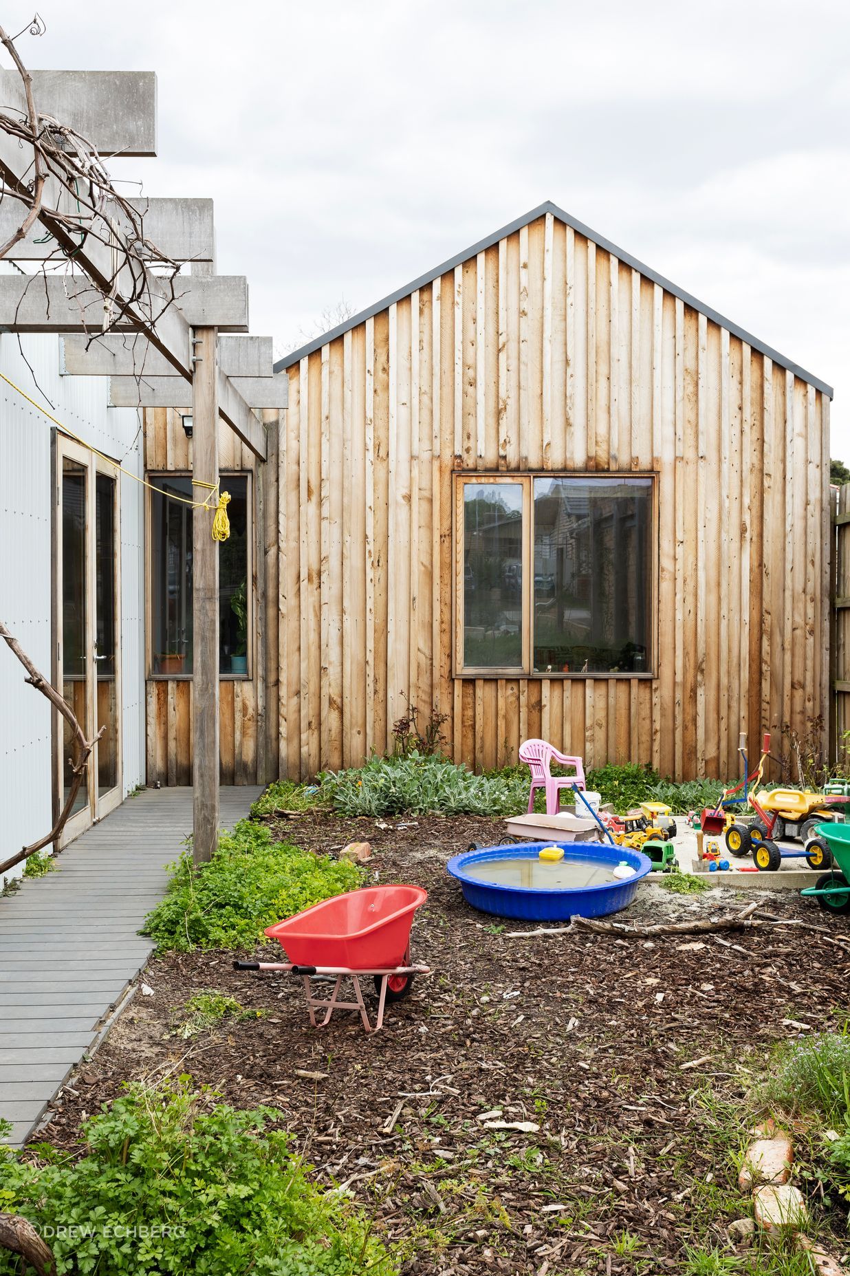 Timber board and batten external cladding from old windbreak trees