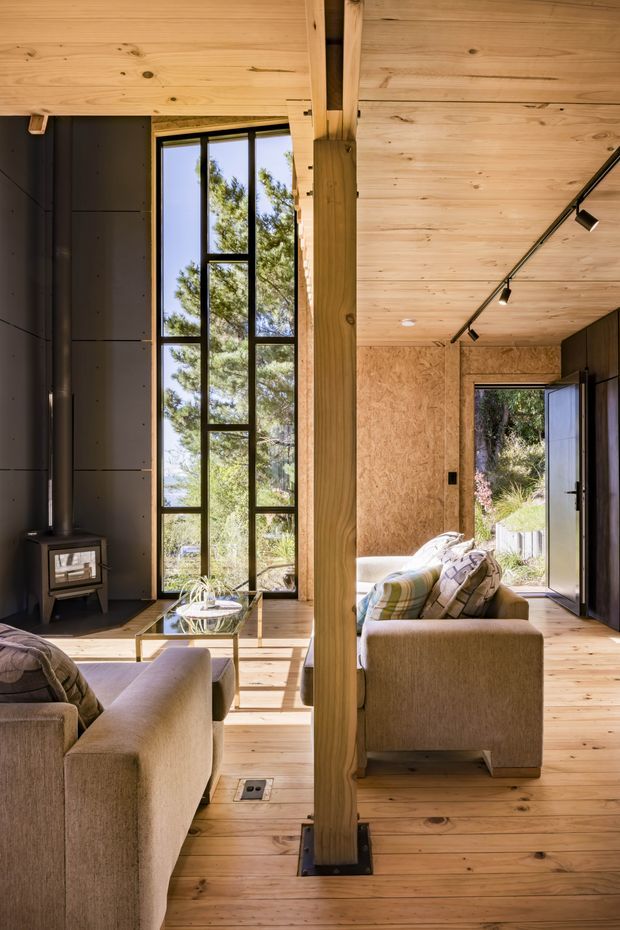 Warm, timber-lined open-plan living room with exposed structural posts and beams, a tall black-framed window, wood-burning stove, sofa seating, and an open glazed door leading outside. The space has a strong connection to the surrounding trees and uses timber flooring, timber ceiling boards, and an OSB-style feature wall, with black track lighting and dark stove surround providing contrast.