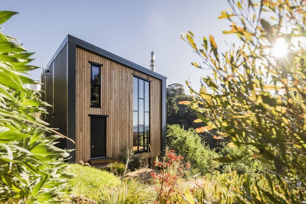 A compact contemporary dwelling set within landscaped vegetation, featuring dark metal cladding, a vertical timber-clad facade, tall narrow glazing, and a simple low-pitched or flat roofline. The elevated-looking structure is surrounded by native-style planting and photographed in warm sunlight.