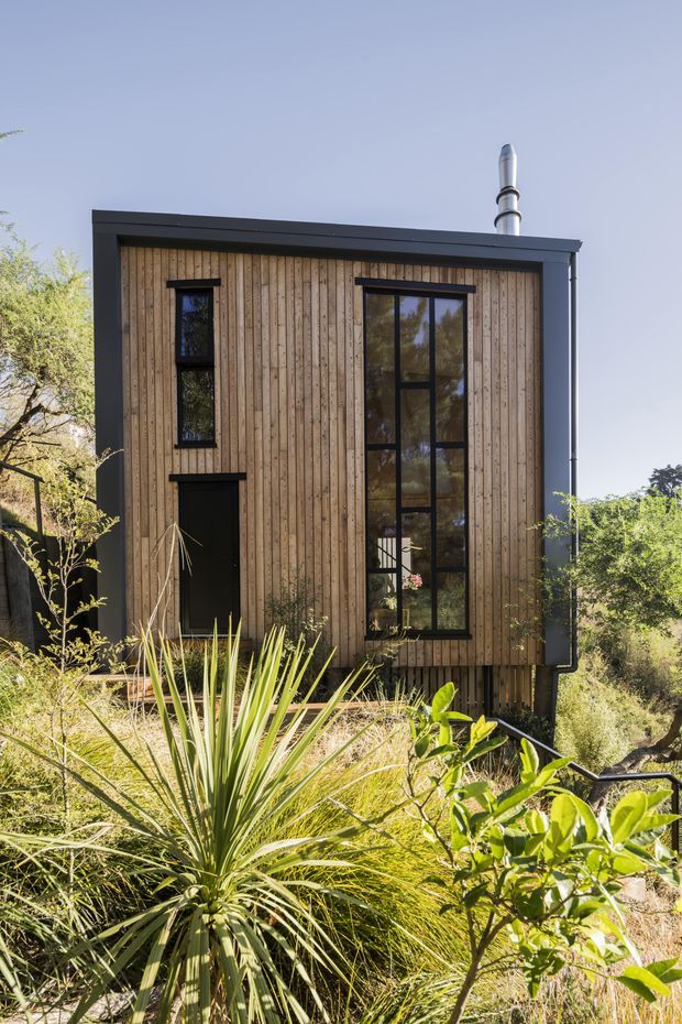 Front exterior view of a compact contemporary dwelling set within landscaped planting. The facade combines vertical natural timber cladding with a dark charcoal frame, tall black-framed windows, a simple dark entry door, and a metal flue projecting above the roof. The building appears elevated slightly above a dry, native-style garden with grasses and sculptural plants.