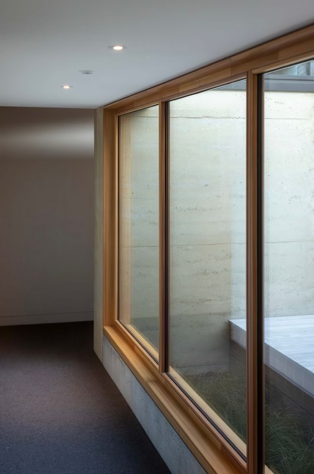 A quiet modern interior corridor or passage with a dark carpeted floor, smooth warm-grey wall, recessed ceiling lights, and a long floor-to-ceiling glazed opening framed in warm timber. The glazing looks onto a small enclosed courtyard with pale exposed concrete walls, a timber deck, and planted grasses. The composition emphasises natural light, timber framing, and the connection between the interior and courtyard.