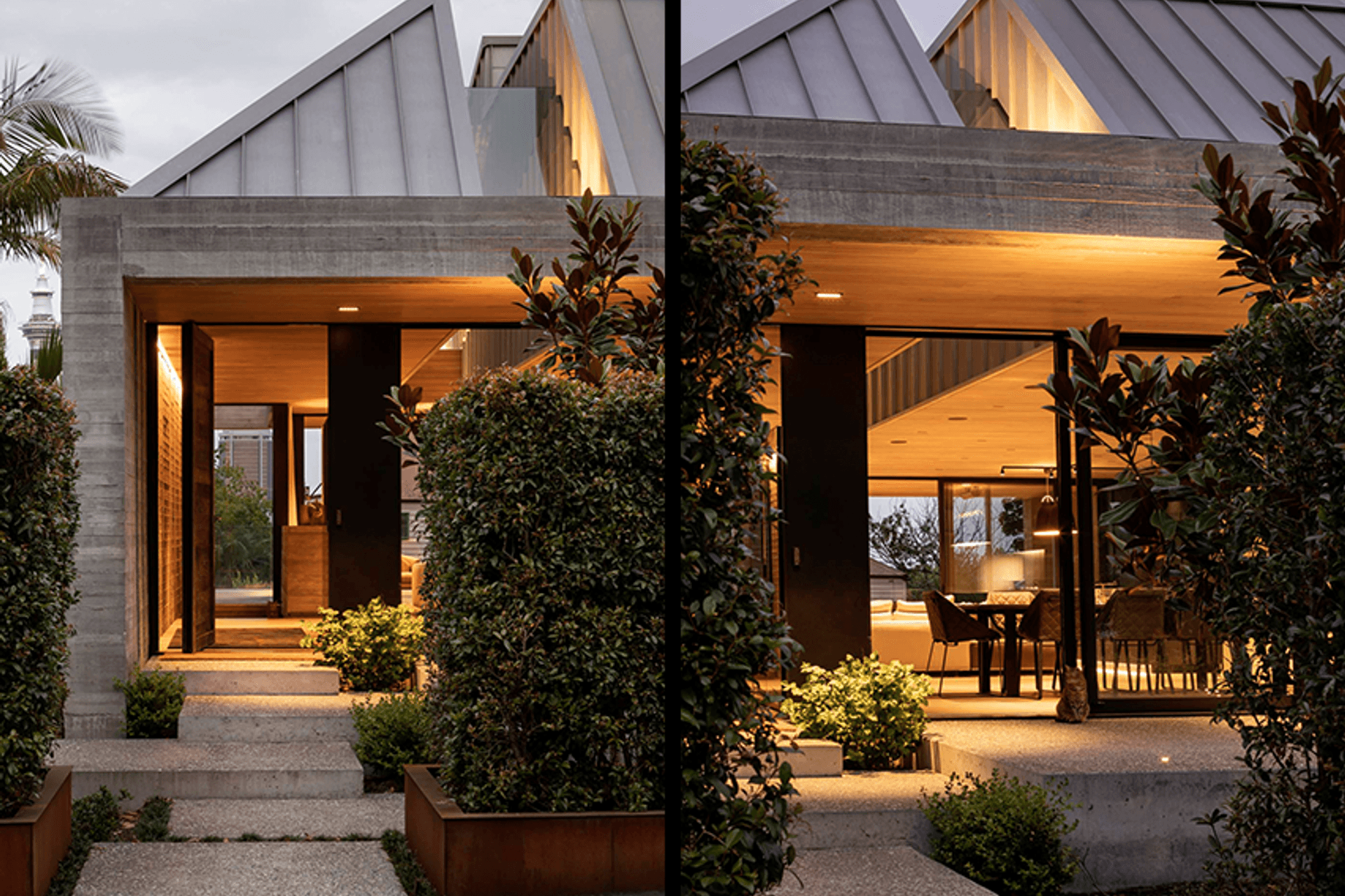 In keeping with the theme of creating a relationship between the streetscape and the view beyond the house, the living area has glazed walls on the both the street-facing and city-facing facades.