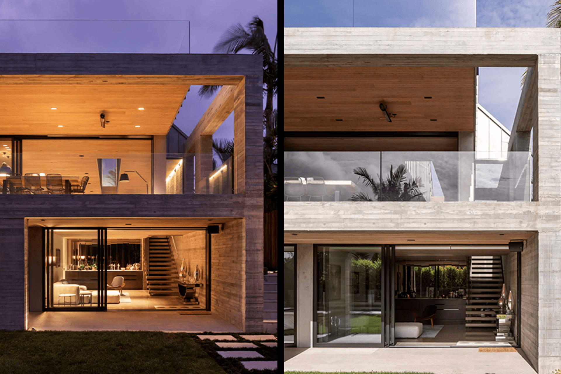 From the rear, the true scale of the house is apparent. Spaces appear as if carved from solid concrete and both artificial and natural lighting creates a play of shadow and light across the surfaces.