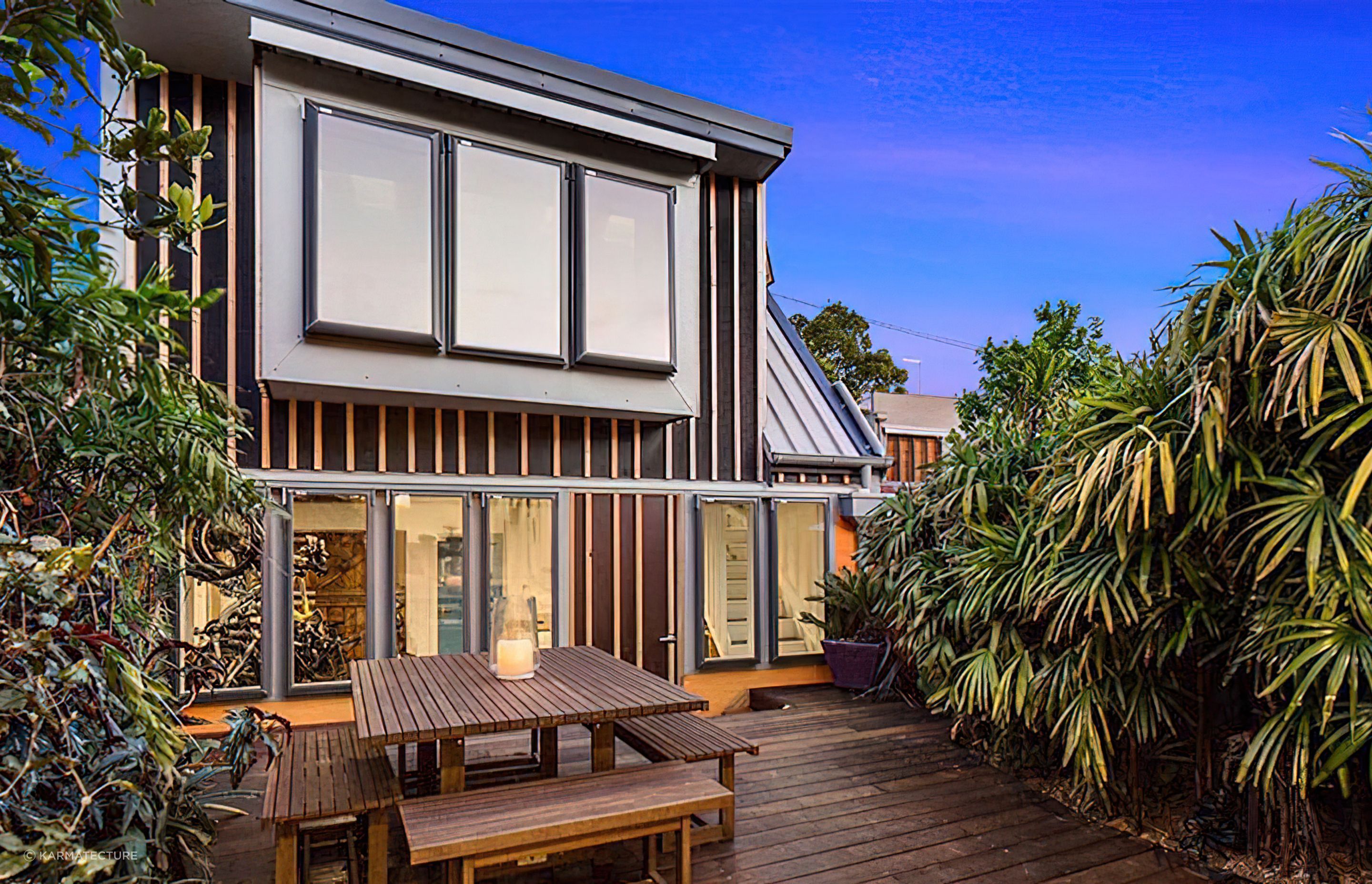 Garage with upper floor study makes for enhanced flexibility. The owner had experience with skylight installation and used double glazed skylights for windows for improved environmental outcomes