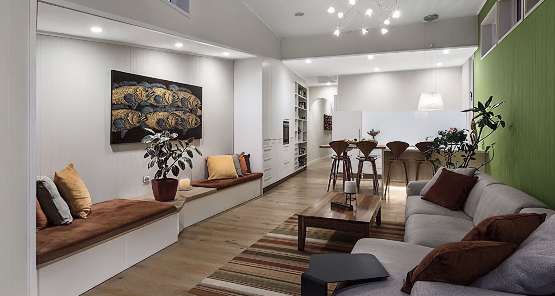 The home now enjoys elevated ceiling heights, natural light from all directions, kitchen with generous storage and connection to the garden